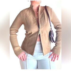 Covington Women’s Small Suede Leather Wool Sleeve Zip Sweater Jacket Tan Brown.